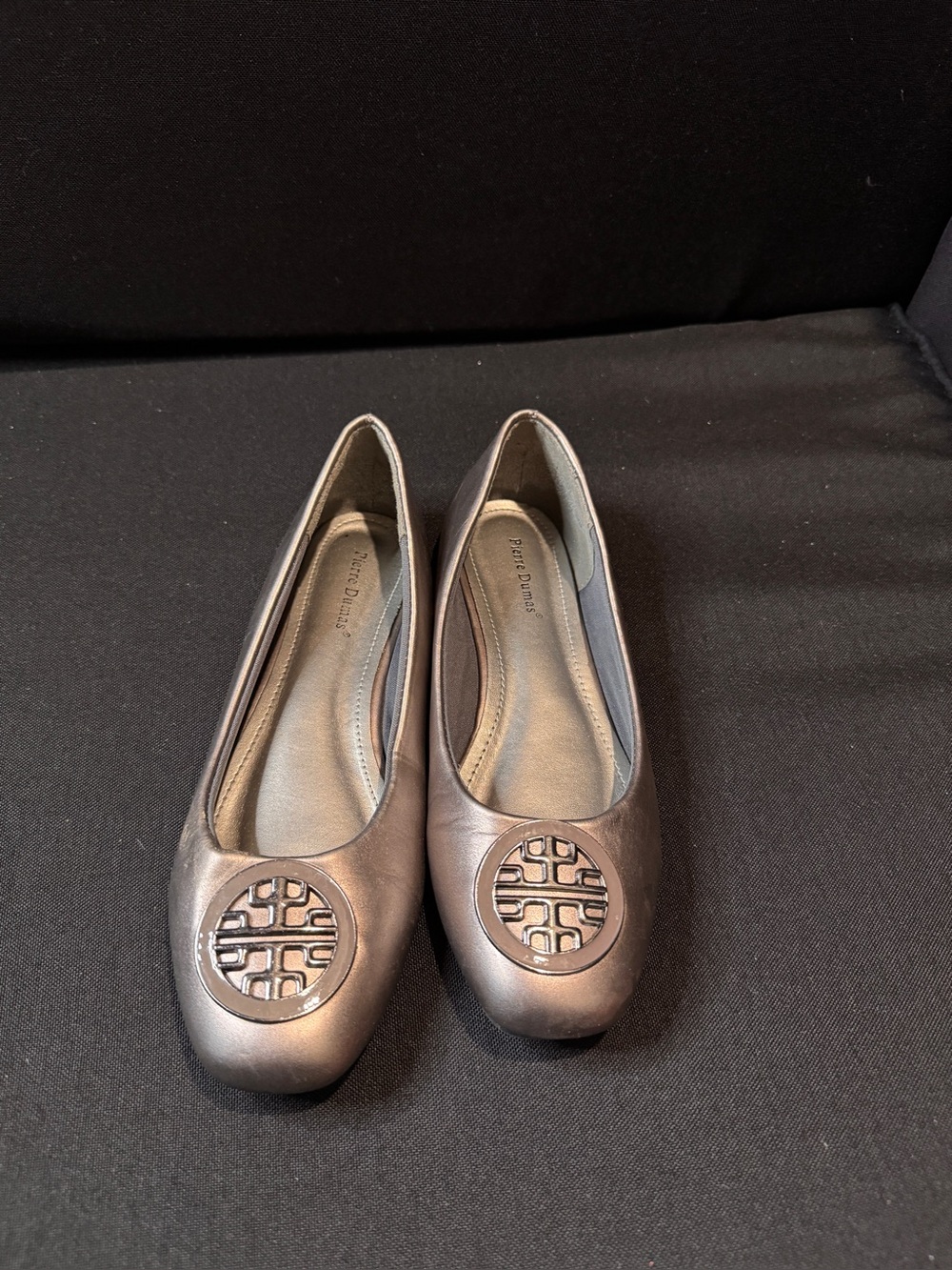 Pierre Dumas Metallic Bronze Slip-On Ballet Flats with Round Emblem